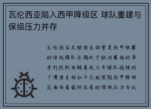 瓦伦西亚陷入西甲降级区 球队重建与保级压力并存