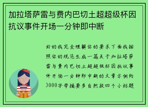 加拉塔萨雷与费内巴切土超超级杯因抗议事件开场一分钟即中断